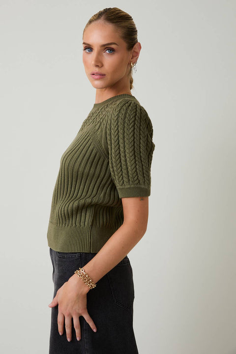 Short Sleeve Cable Knit Sweater: Olive