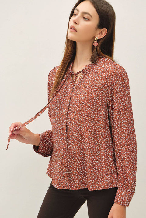 Ditsy Tie Front Collar Blouse: Terracotta