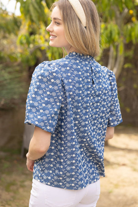 VOY-Short Bubble Sleeve Floral Embroidered Top: Navy-Pink Dot Styles