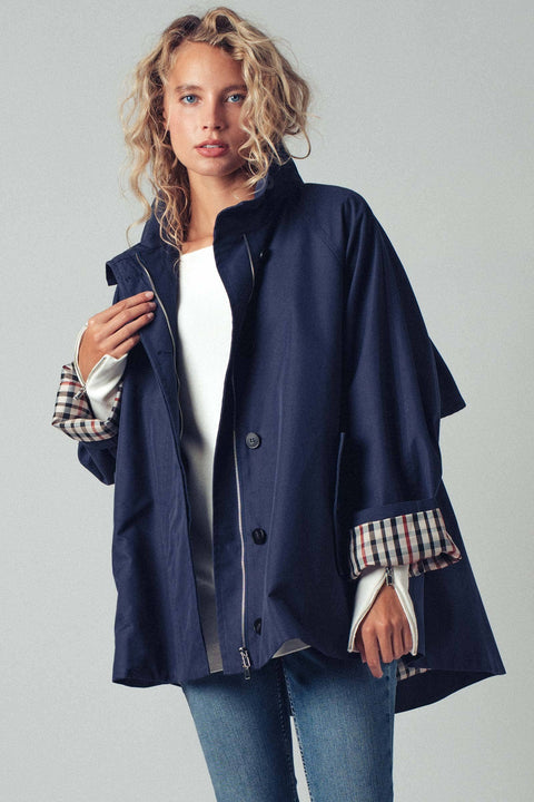 Modern A-Line Trench Jacket: Navy