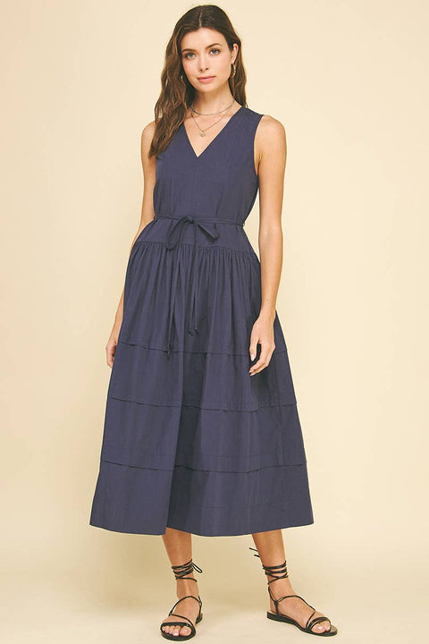 PINCH-Navy Poplin Midi Dress-Pink Dot Styles