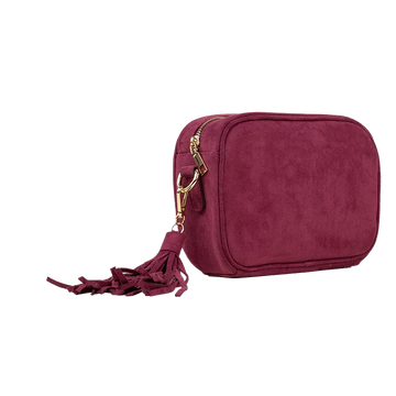 AHDORNED Burgundy Camera Bag Crossbody Vegan Suede w Tassel No Strap Pink Dot Styles