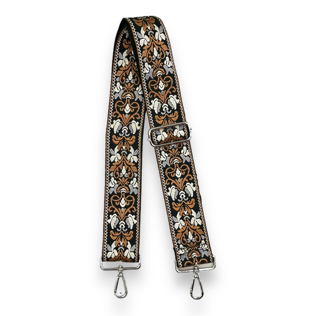 AHDORNED Camel Brown Floral Embroidered Crossbody Guitar Strap Silver