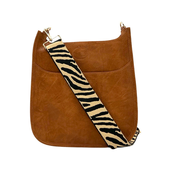 Ahdorned Camel Brown Vegan Leather Crossbody + Leopard Guitar Strap