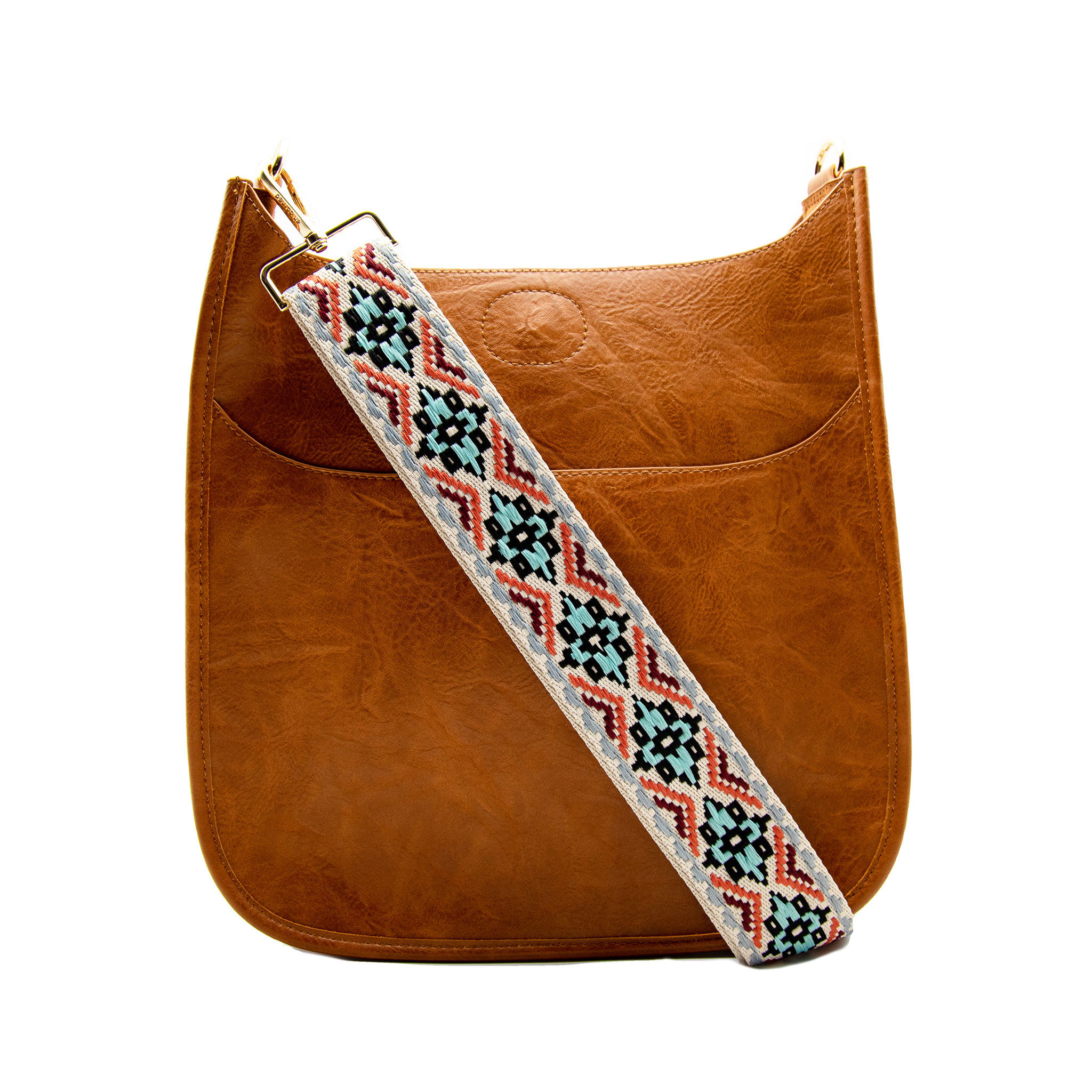 Ahdorned Vegan Leather Messenger Bag With Leopard Print Strap - Camel