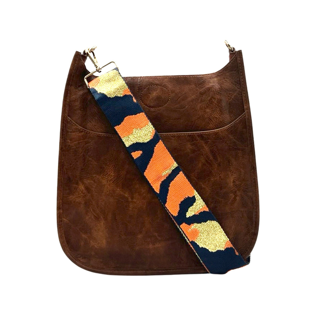 Ahdorned Navy Vegan Leather Messenger Bag with Camo Print Strap - Gold