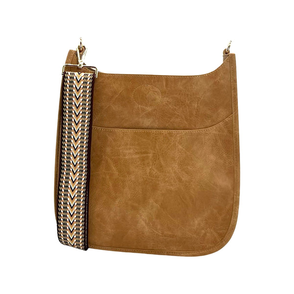 Ahdorned Camel Brown Vegan Leather Crossbody Bag + Embroidered Strap