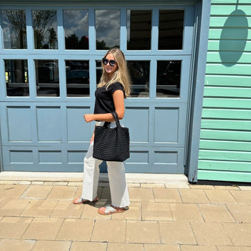 AHDORNED Black Woven Neoprene Tote Crossbody - Lilly– Pink Dot Styles AHDORNED Black Woven Neoprene Tote Crossbody - Lilly– Pink Dot Styles