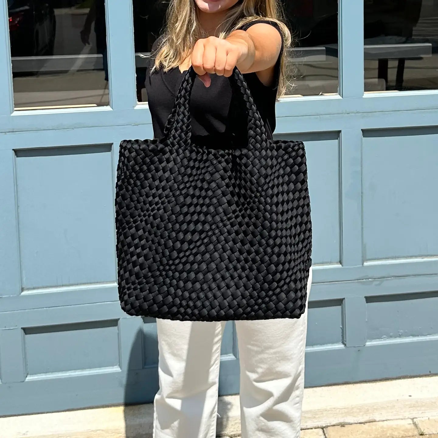 AHDORNED Black Woven Neoprene Tote Crossbody - Lilly– Pink Dot Styles AHDORNED Black Woven Neoprene Tote Crossbody - Lilly– Pink Dot Styles