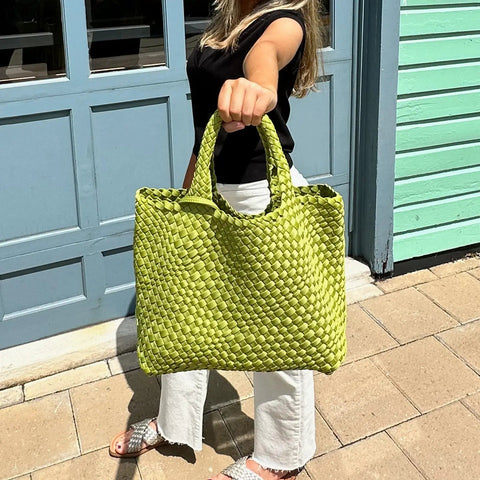 Lilly Chartreuse | Woven Neoprene Tote-Accessories > Handbags > Totes-Pink Dot Styles