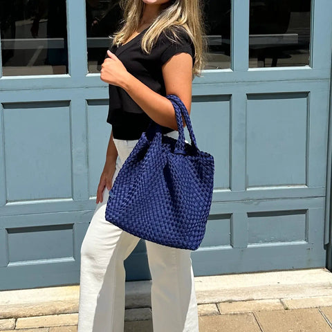 Lilly Navy | Woven Neoprene Tote-Accessories > Handbags > Totes-Pink Dot Styles