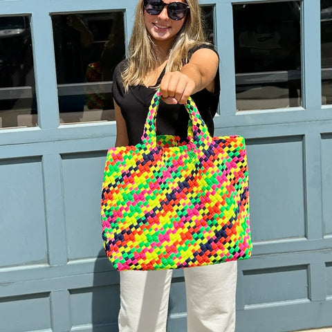 Lilly Neon Multi | Woven Neoprene Tote-Accessories > Handbags > Totes-Pink Dot Styles