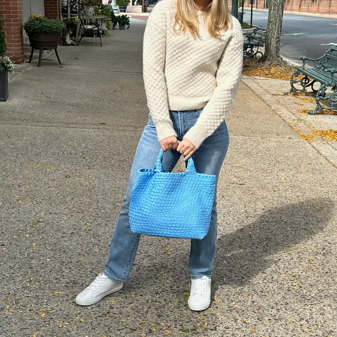 AHDORNED Sky Blue Woven Neoprene Tote Crossbody Lilly Pink Dot Styles