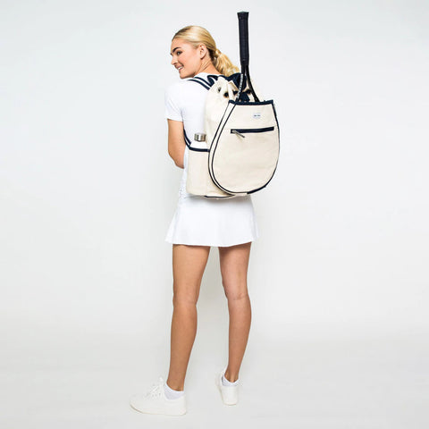 Ame & Lulu-Hamptons | Canvas Tennis Backpack (Navy Trim)-Pink Dot Styles