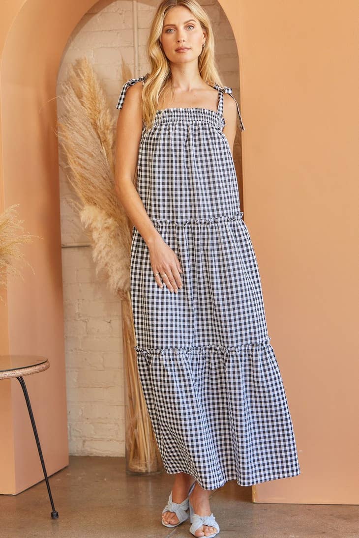 Tiered gingham deals maxi dress