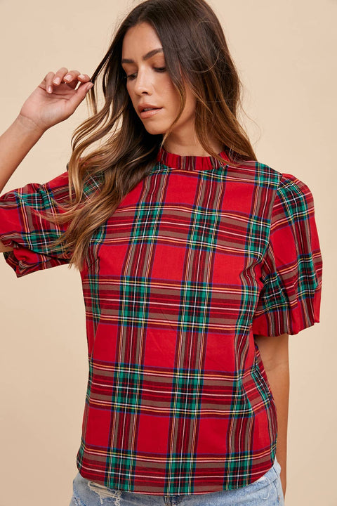anniewear-PLAID RUFFLE MOCK NECK BUBBLE SLEEVE BLOUSE_ AT1393-Pink Dot Styles