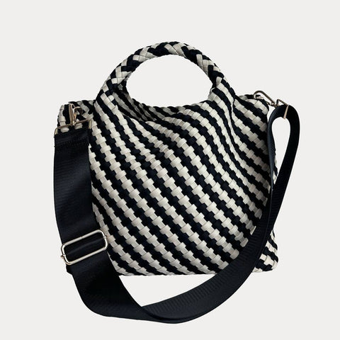 AHDORNED-Lily Woven Neoprene Tote with Pouch: NAVY/ECRU-Pink Dot Styles