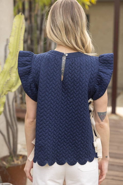 VOY-Twill Tie Textured Knit Top: Navy-Pink Dot Styles