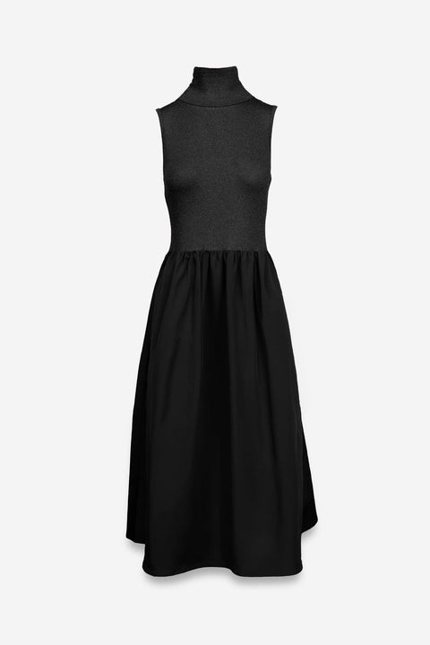 Sleeveless Mock Neck Midi Dress: Black