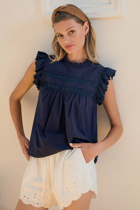 Indigo Washed Cotton Lace Panel Blouse