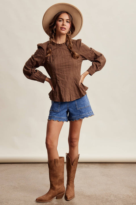 Chocolate Brown Ruffle Neck Blouse