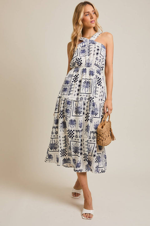 GILLI-Ivory & Navy Abstract Print Dress-Pink Dot Styles