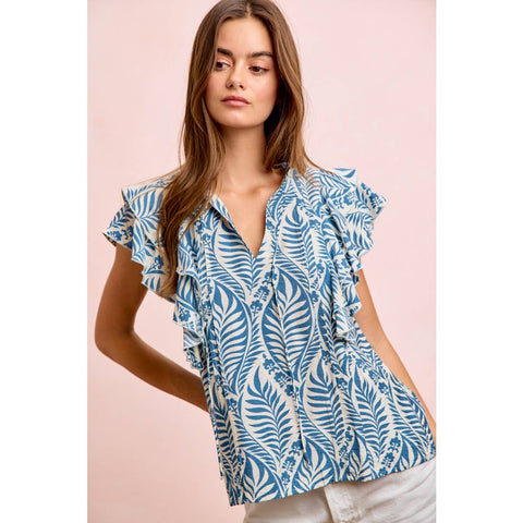 Botanical Printed Ruffle Sleeve Top