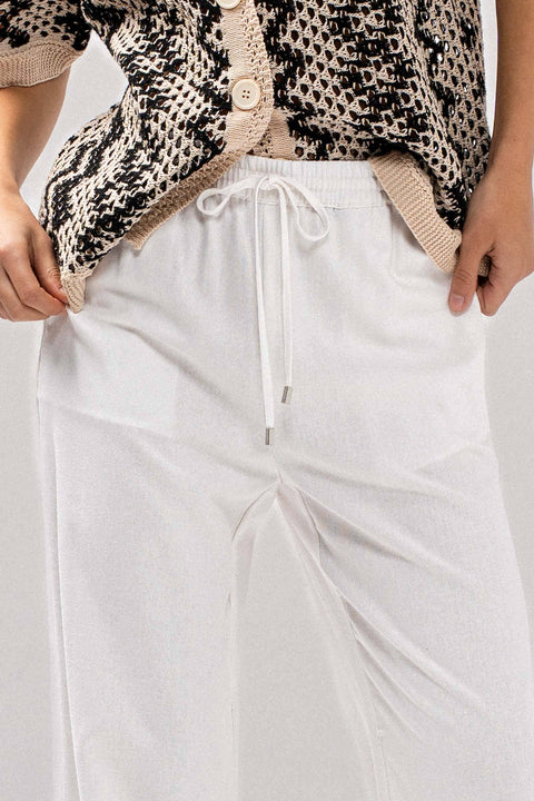 Urban Daizy-Wide-Leg Drawstring Linen-Blend Pants: White (FINAL SALE)-Pink Dot Styles