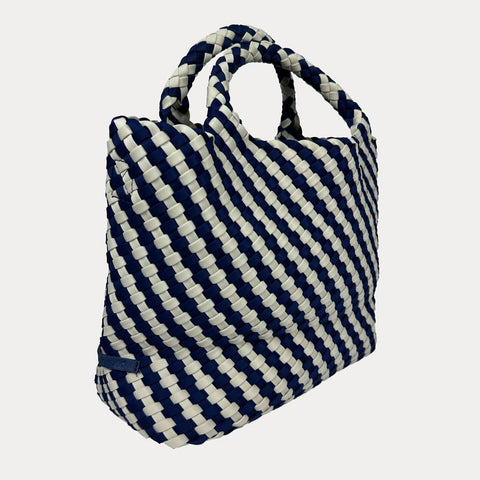 AHDORNED-Lily Woven Neoprene Tote with Pouch: NAVY/ECRU-Pink Dot Styles