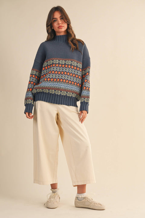 Contrast Stripe Mock Neck Sweater