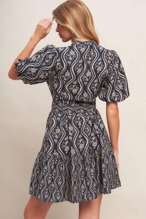 FLYING TOMATO-A printed woven mini dress - ID22812: NAVY / Contemporary / S-Pink Dot Styles