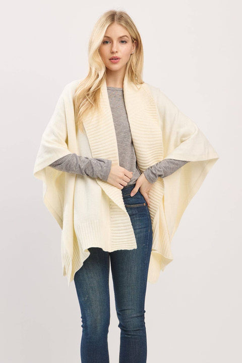 MS0455 Soft Knit Open Front Shawl With Ribbed Trim: Ivory