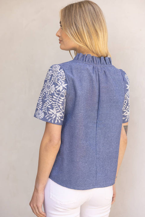 VOY-Embroidered Chambray Top-Pink Dot Styles