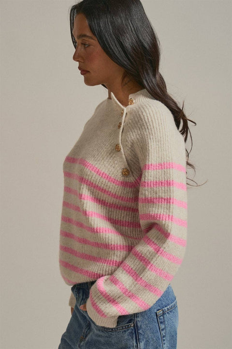 Striped Mock Neck Sweater with Gold Buttons: Pink Beige