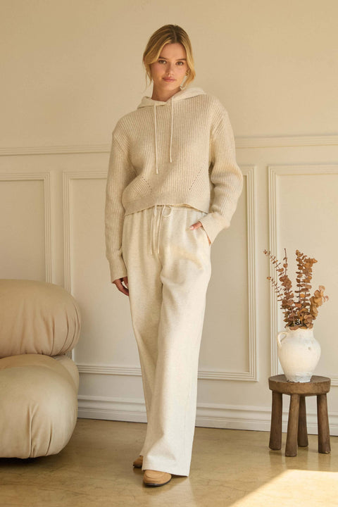 Knitted Hoodie Mixed Media Sweater: Oatmeal