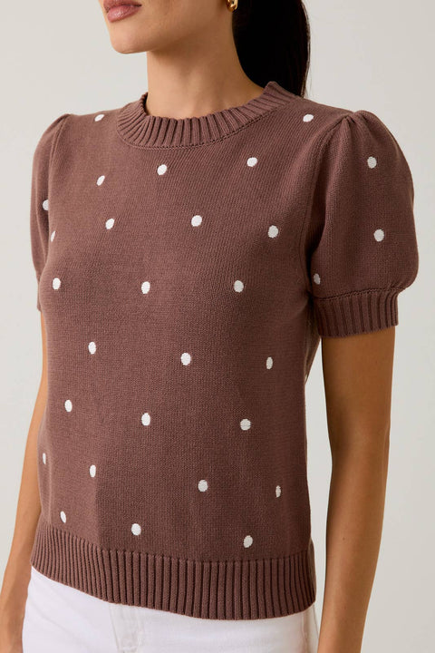 Sunday Edition by LE LIS-ROUND NECK PUFF SHORT SLEEVE "POLKA DOT" EMBROIDERED SWEATER: MOCHA-IVORY DOT / S-Pink Dot Styles