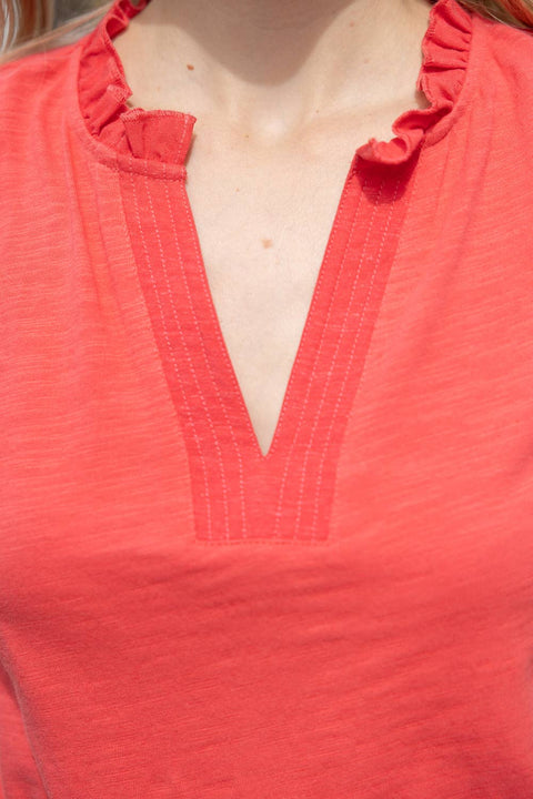 VOY-Contrast Band Ruffle Sleeve Knit Top: Coral-Pink Dot Styles