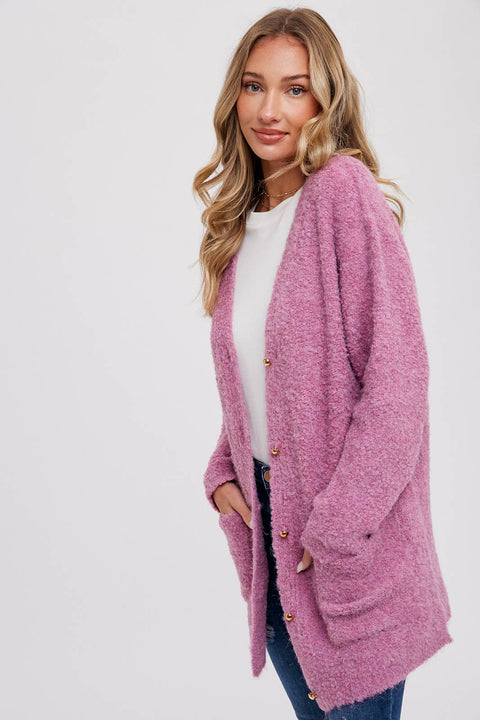 Bluivy-Silver Button Boucle Cardigan: Oatmeal-Pink Dot Styles