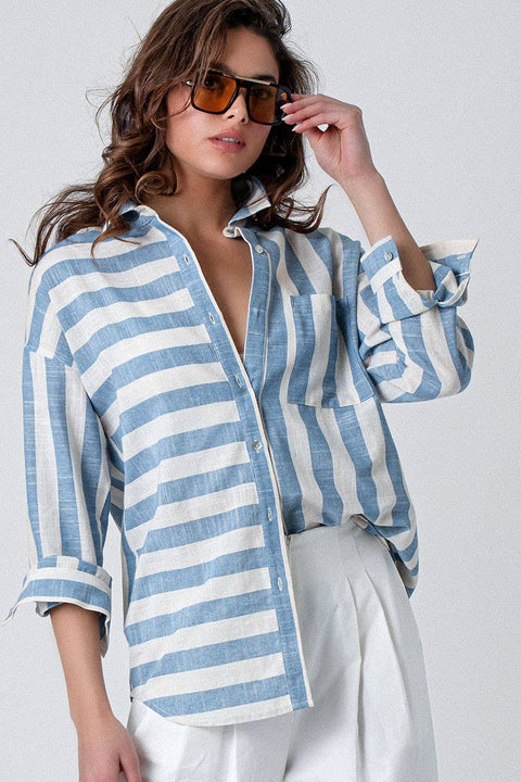 Mixed Stripe Pattern Oversized Button Down Shirt: Blue