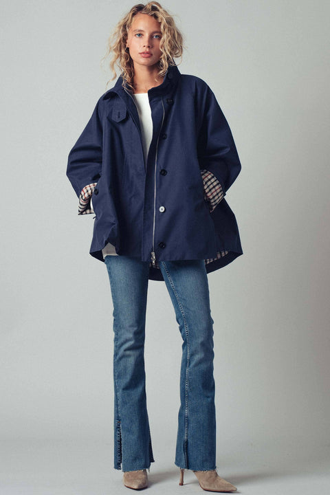 Modern A-Line Trench Jacket: Navy