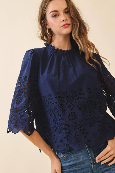 Floral Eyelet Embroidery Top: Navy
