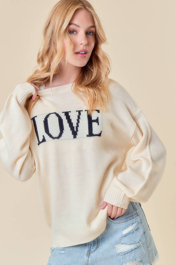 Doe and Rae-LOVE Embroidery Sweater-Pink Dot Styles