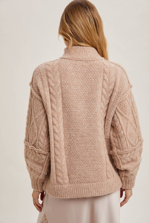 Turtleneck Cable Knit Sweater: Latte
