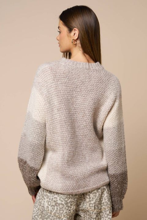 Lalavon-Color Block Cable Knit Sweater: TAUPE / M-Pink Dot Styles