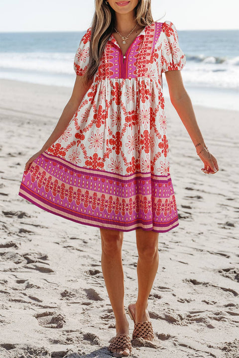 Little Daisy Closet-LDC Boho Floral Short Sleeve Lace-up V Neck Mini Dress: Rose / S-Pink Dot Styles
