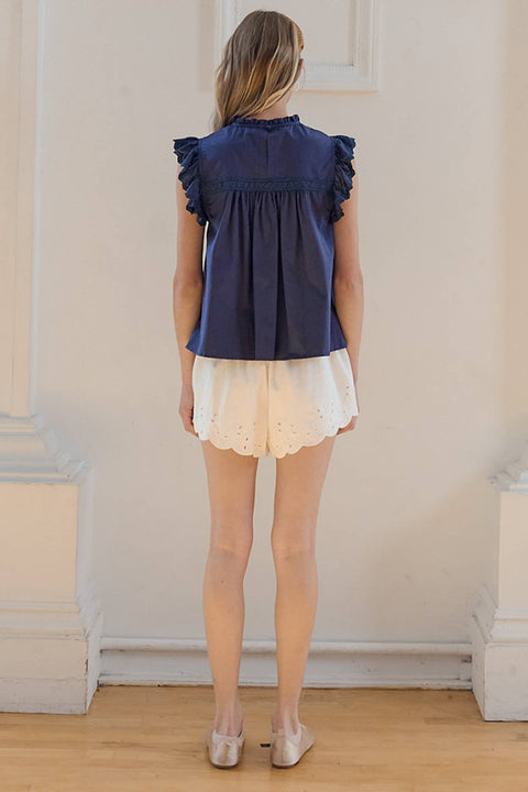 Indigo Washed Cotton Lace Panel Blouse