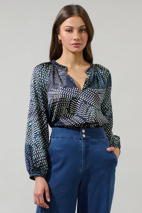 Kirby Geometric Jovie Split Neck Satin Raglan Blouse: NavyCream