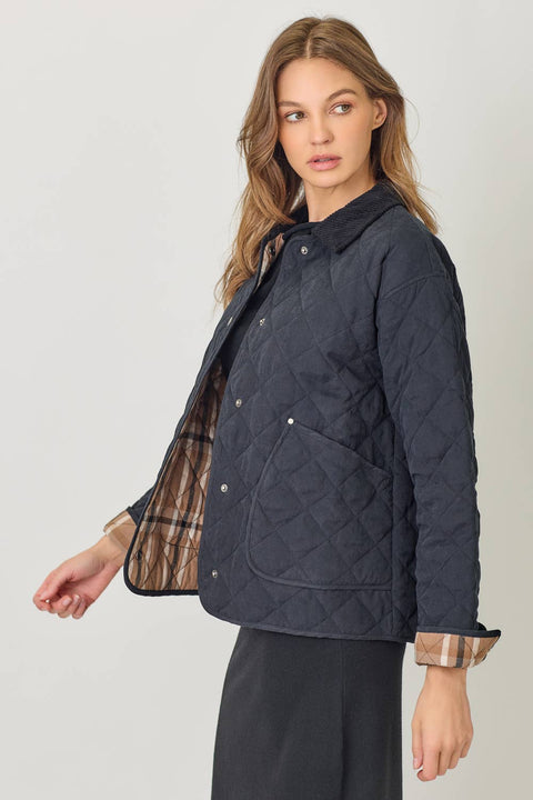 Mystree-60188 Contrast Quilted Jacket: Black / Medium-Pink Dot Styles