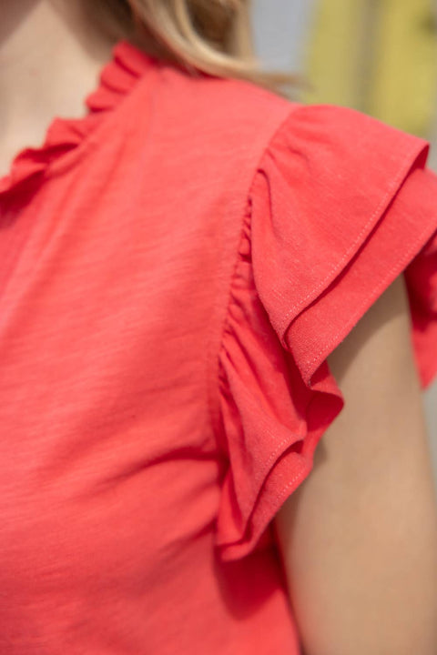 VOY-Contrast Band Ruffle Sleeve Knit Top: Coral-Pink Dot Styles