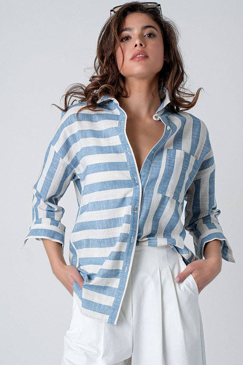 Mixed Stripe Pattern Oversized Button Down Shirt: Blue